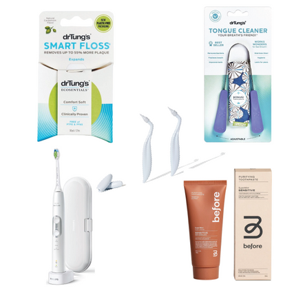 assortment of five dental care products available at Gelinas Dental Studio